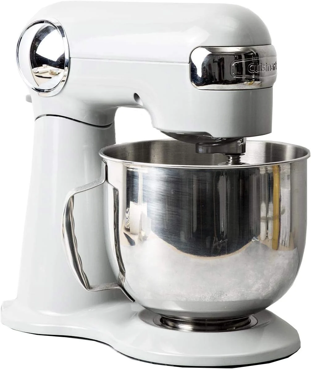 Cuisinart Stand Mixer, 12 Speed, 5.5 Quart Stainless Steel Bowl, Chef’s Whisk, Mixing Paddle, Dough Hook, Splash Guard w/ Pour Spout, White Linen, SM-50, Manual