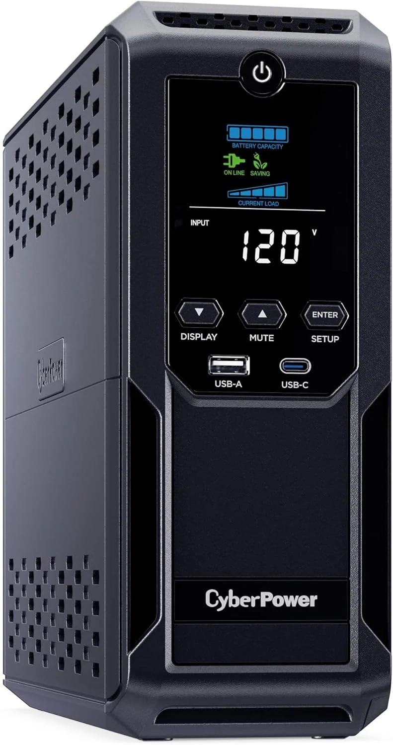 CyberPower CP1350AVRLCD3 Intelligent LCD UPS System, 1350VA/815W, 12 Outlets, 2 USB Ports, AVR, Mini Tower, Black