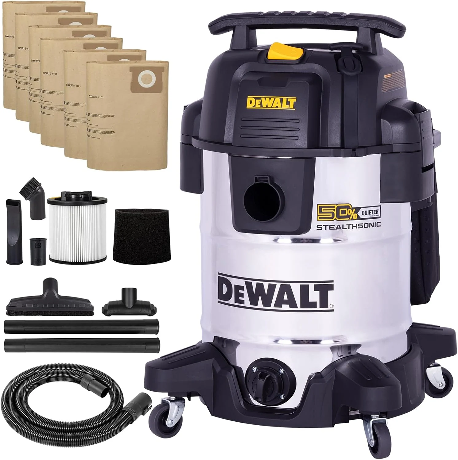 DEWALT 10 Gal Stealthsonic Shop Vacuum Wet and Dry, 5HP Heavy-Duty Stainless Steel Shop Vac, Ultra-Quiet with Complete Accessory Kit & 6 Bonus Dust Bags – Ideal for Job Sites, Workshops & Garages