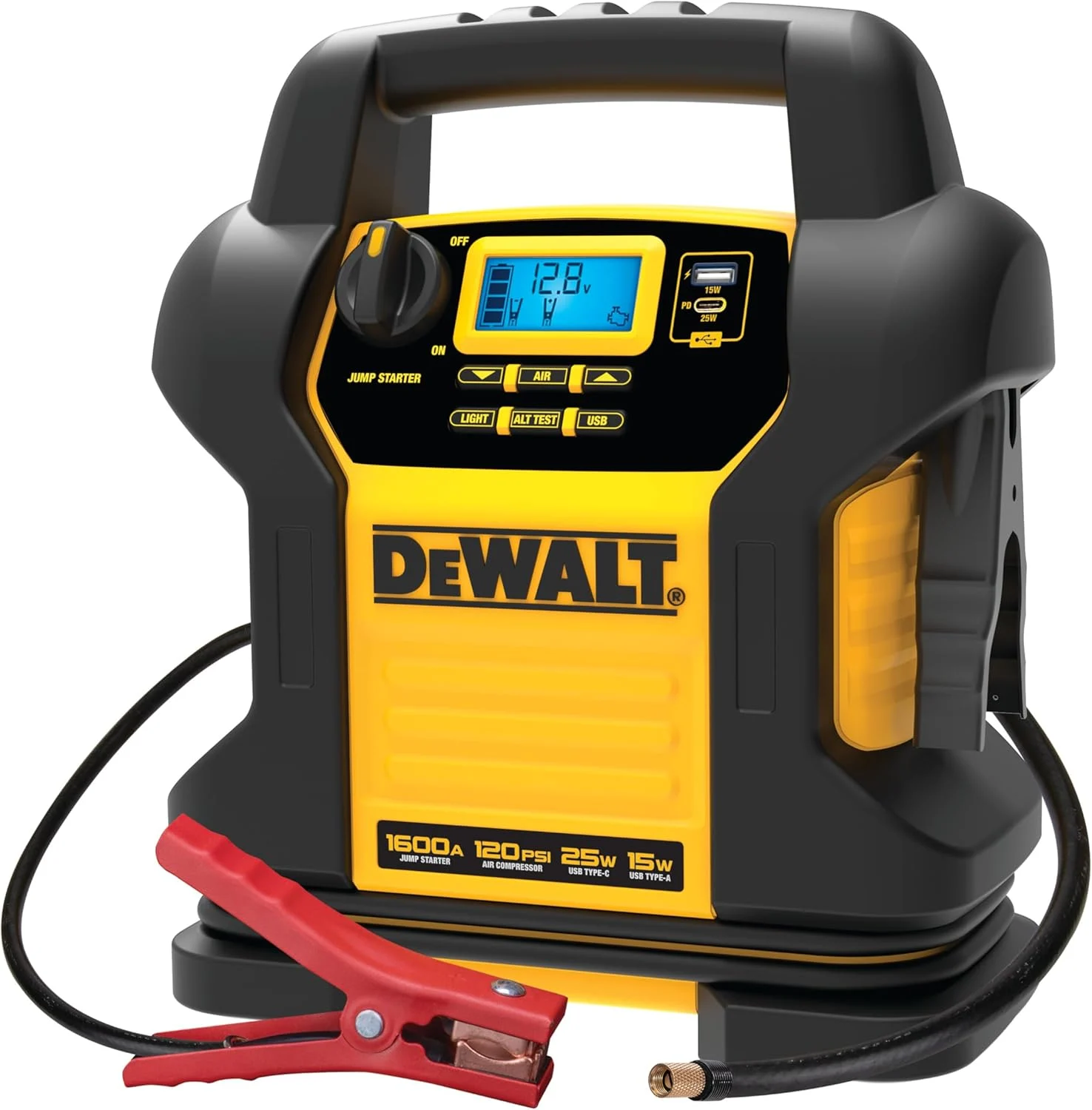 DEWALT DXAEJ14 Digital Portable Power Station Jump Starter – 1600 Peak Amps with 120 PSI Compressor for Tires, Sports Equipment & Bikes, 15W USB-A and 25W USB-C Power