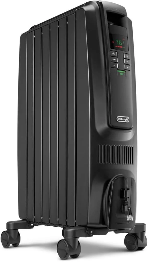 DeLonghi Dragon Digital Oil Filled Radiator Heater, 1500W Electric Space Heater for indoor use TRD40615EBK, 16″x10″x26″, Black