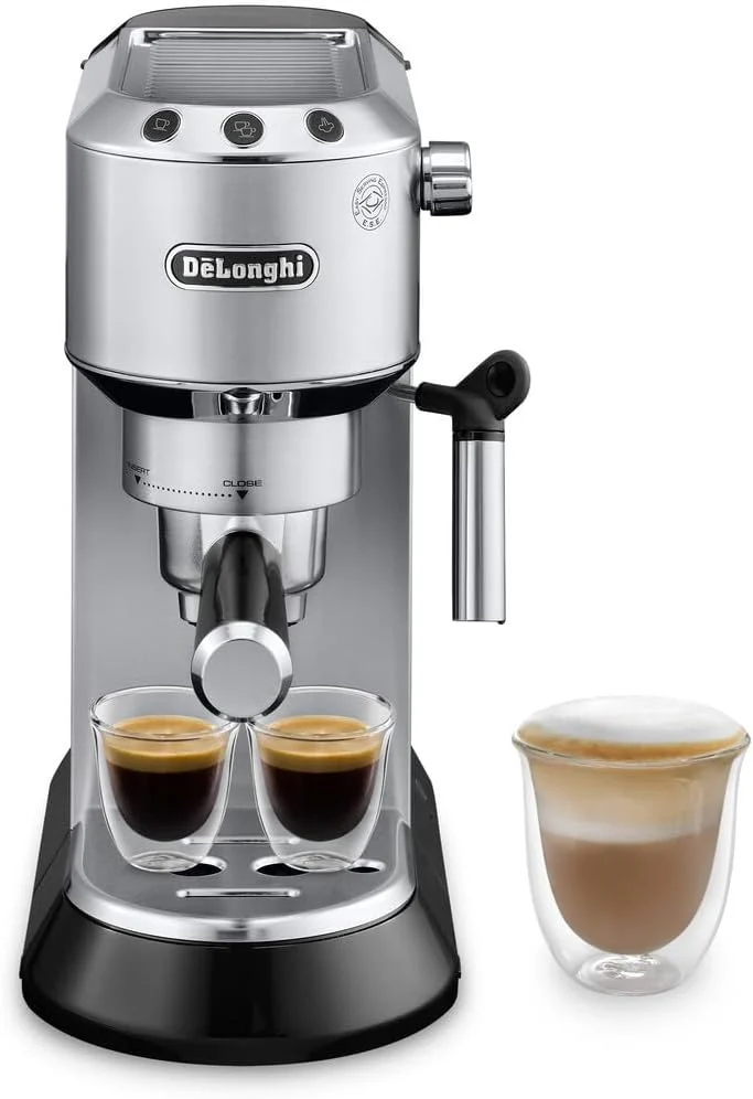 De’Longhi EC680M Dedica Espresso Machine with Manual Milk Frother, 15-Bar Pump & Adjustable Tray – Italian Stainless Steel Design