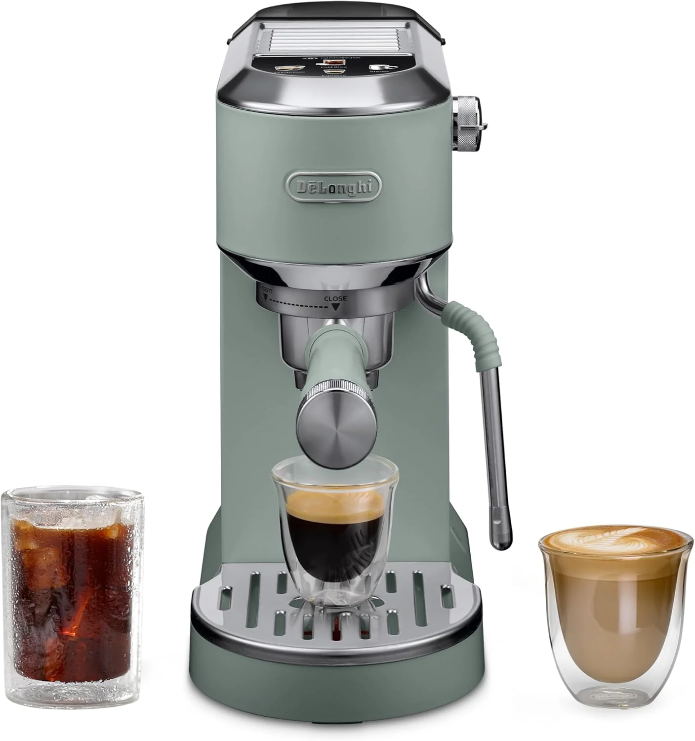 De’Longhi EC890GR Dedica Duo Compact Espresso Machine – Cold Brew Coffee Maker with Milk Frother Wand, Pistachio Green
