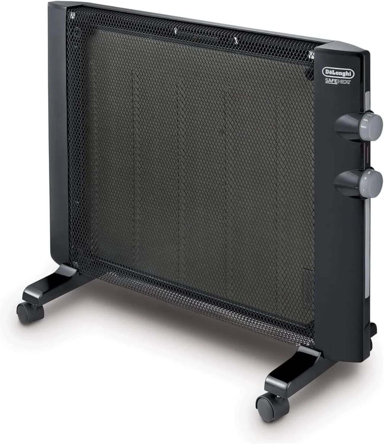 DeLonghi Mica Panel Space Heater, 1500W quiet electric space heater for indoor use, adjustable thermostat, freestanding/ easy wall mount, full room heating with built-in safety features, HMP1500 Black