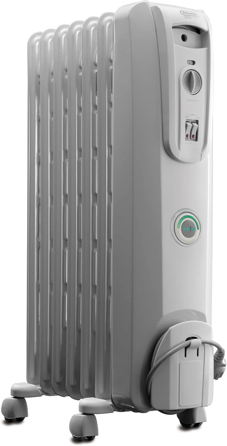 De’Longhi Oil filled Radiator Heater, 1500W Electric Space Heater for indoor use, portable room heater, Energy Saving, full room like office and bedroom with safety features, EW7707CM, White
