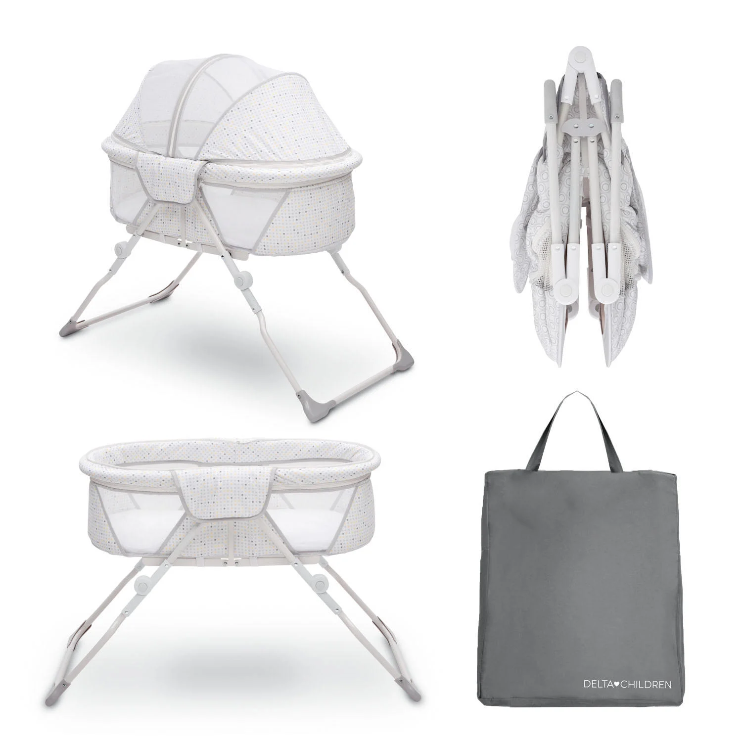 Delta Children EZ Fold Ultra Compact Travel Bassinet, Mirage, White Gray