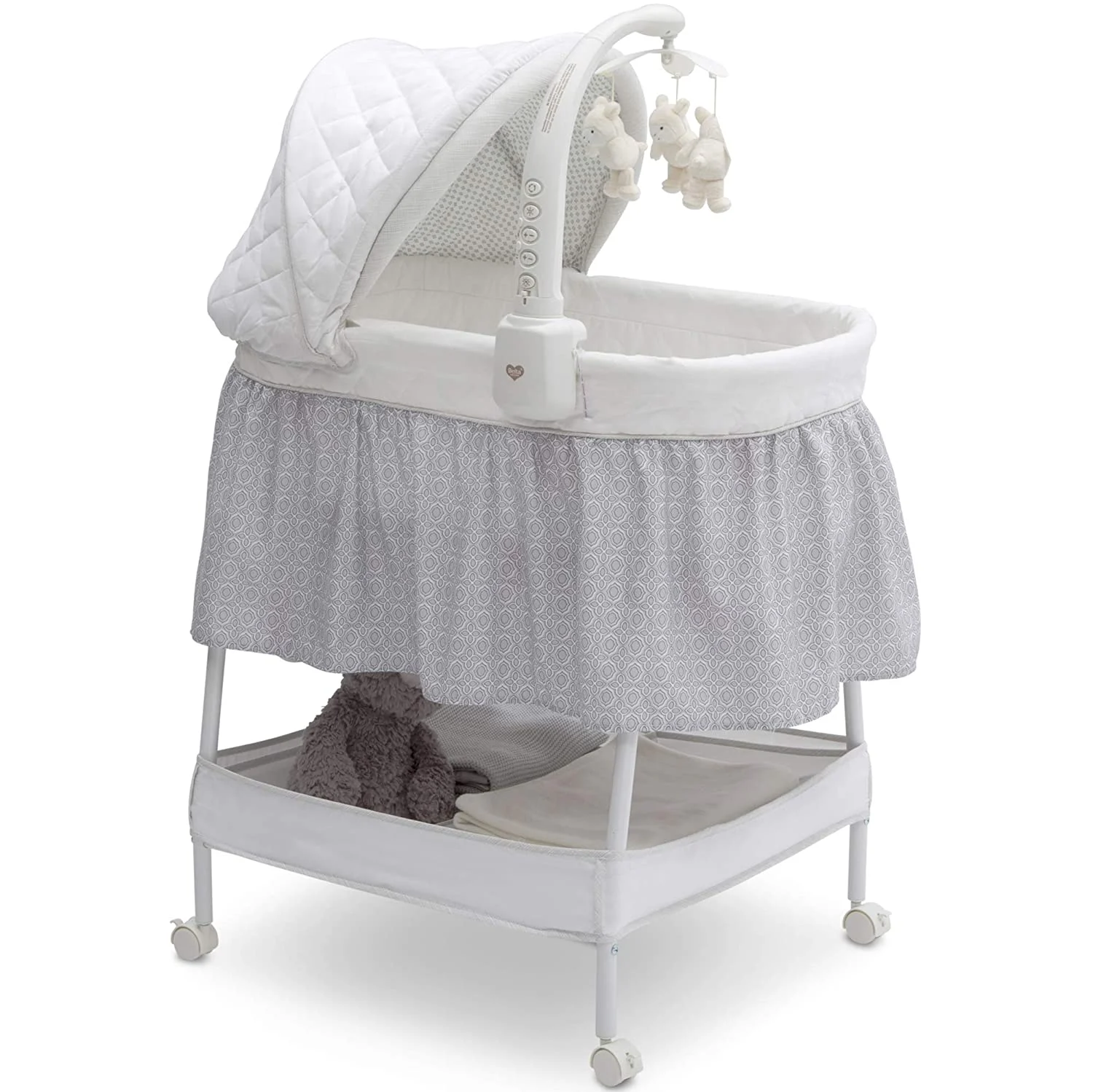 Delta Children Smooth Glide Bedside Bassinet – Portable Crib with Activity Mobile Arm Featuring Spinning Toys, Nightlight and Music, Silver Linings
