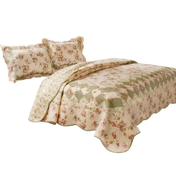Benzara Denali 3 Piece Fabric Queen Size Quilt Set with Floral Prints, Multicolor