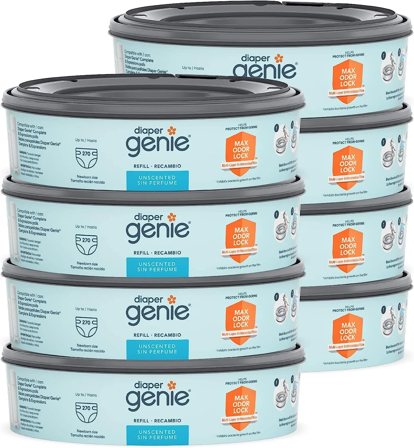 Diaper Genie Bags Refills 270 Count (Pack of 8) with Max Odor Lock | Holds Up to 2160 Newborn Diapers
