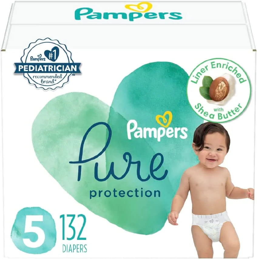 Diapers Size 5, 132 Count – Pampers Pure Protection Disposable Baby Diapers, Hypoallergenic and Unscented Protection (Packaging & Prints May Vary)