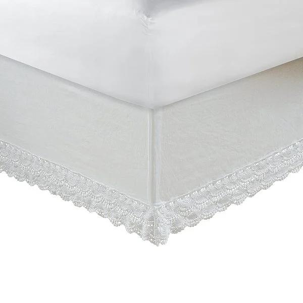 Benzara Drava Fabric Twin Size Bed Skirt with Crochet Lace and Split Corners, White