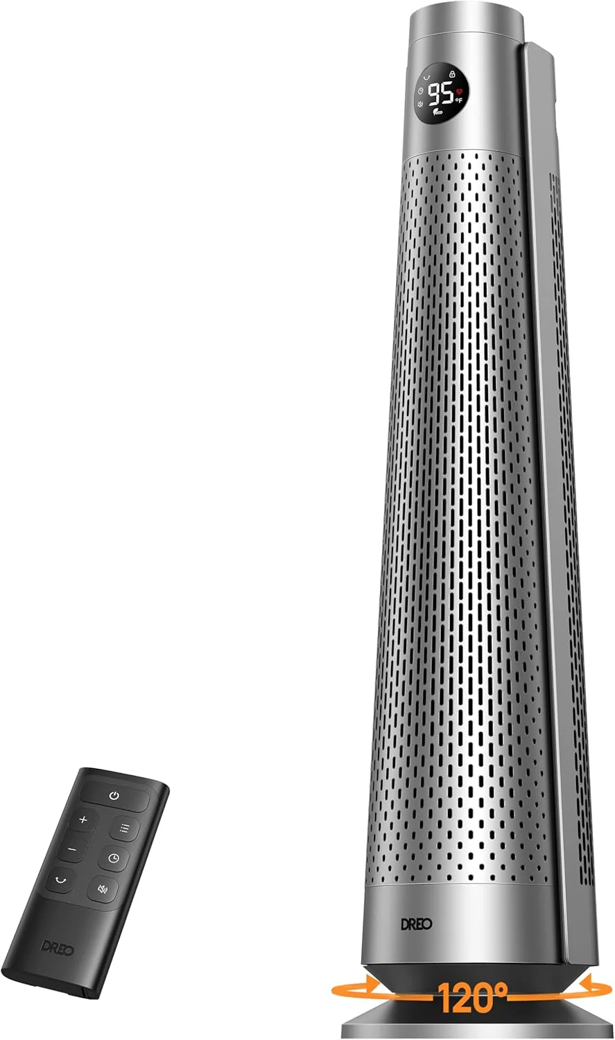Dreo Space Heater Indoor, 30″ Electric Heaters with Remote, 120° Oscillation, Adjustable Thermostat, 5 Heat & 3 Fan levels, 8 Safety Protections, 25dB Quiet, 1-12H Timer, Large Room Bedroom, Silver