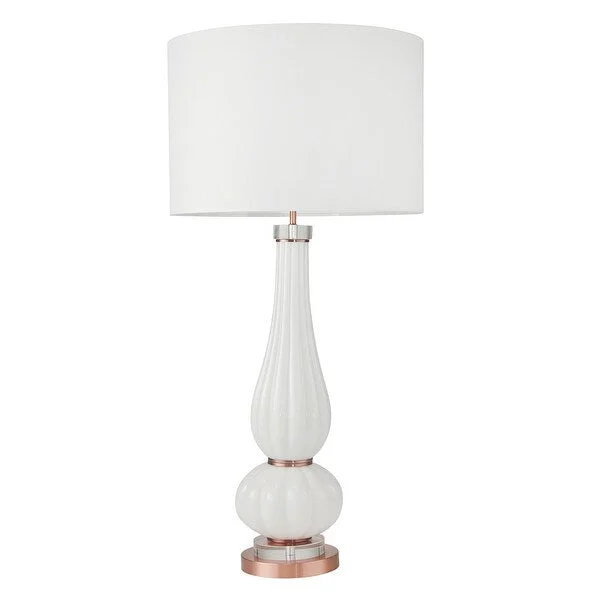 Benzara Drum Fabric Shade Table Lamp with Ribbed Gourd Base, White