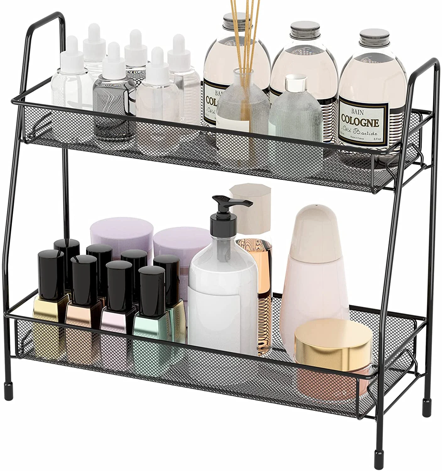 EKNITEY Spice Rack Organizer for Countertop, 2 Tier Bathroom Shelf, Black