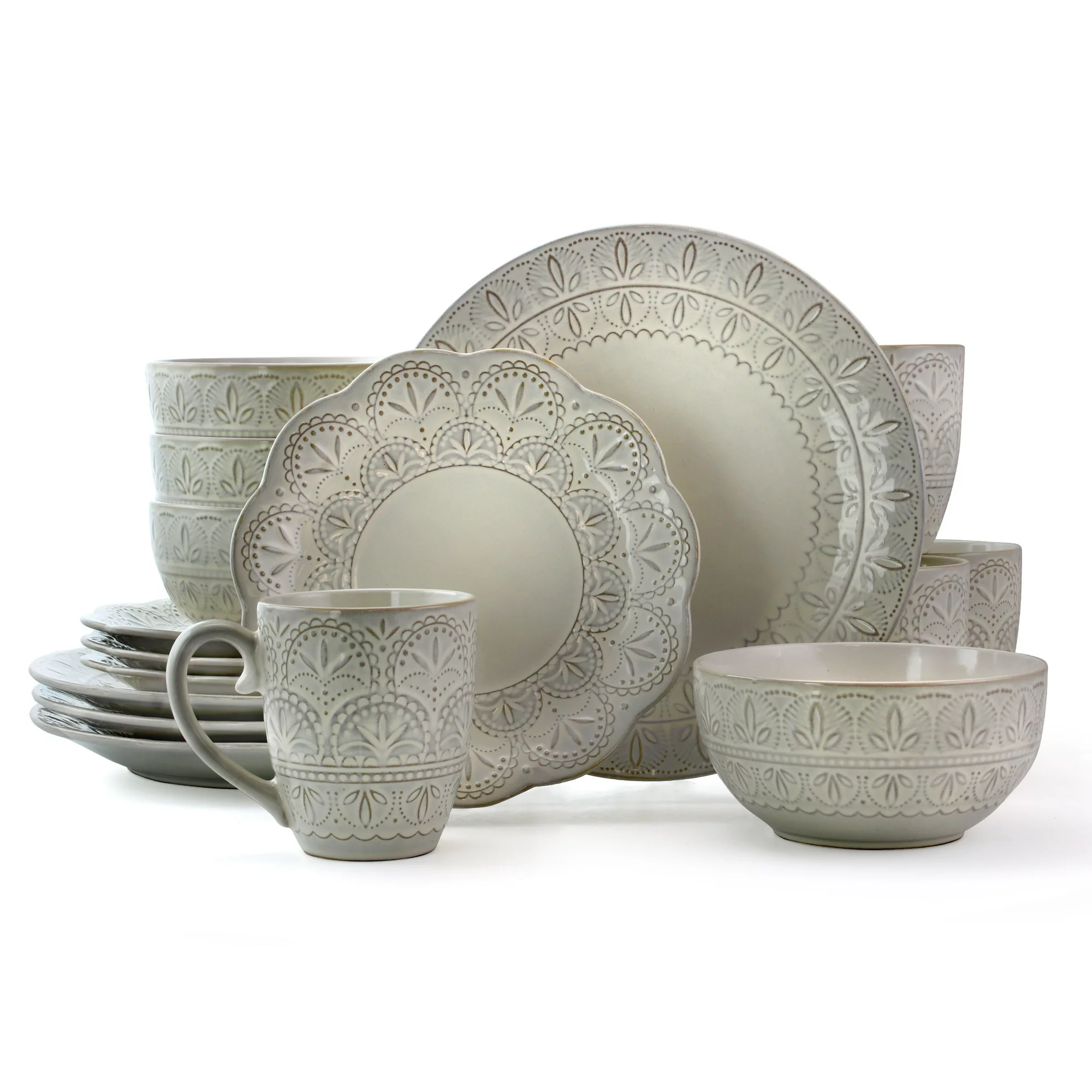 Elama White Lace 16 Piece Round Scallop Stoneware Dinnerware Set in White