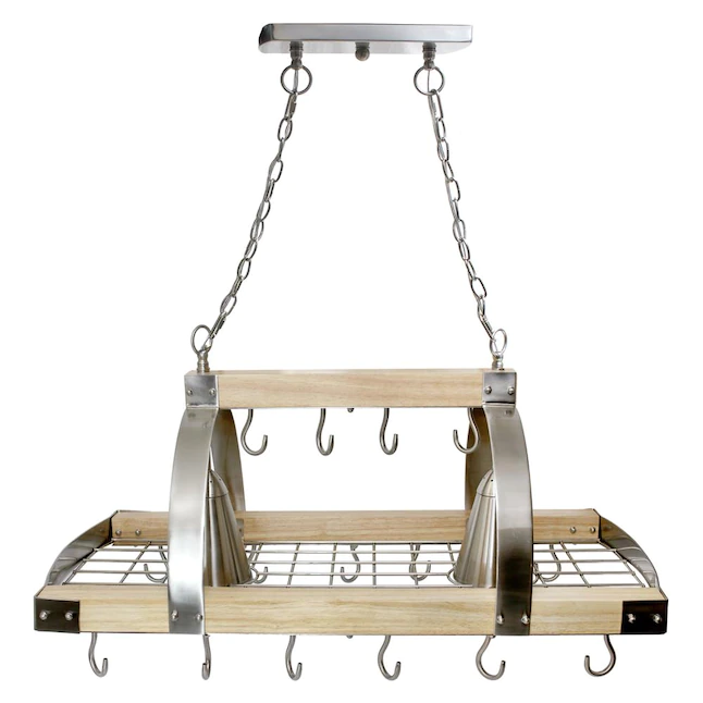 Elegant Designs Home Collection 19.75-in x 36.25-in Wood/Brushed Nickel Lighted 16-Hook Pot Rack
