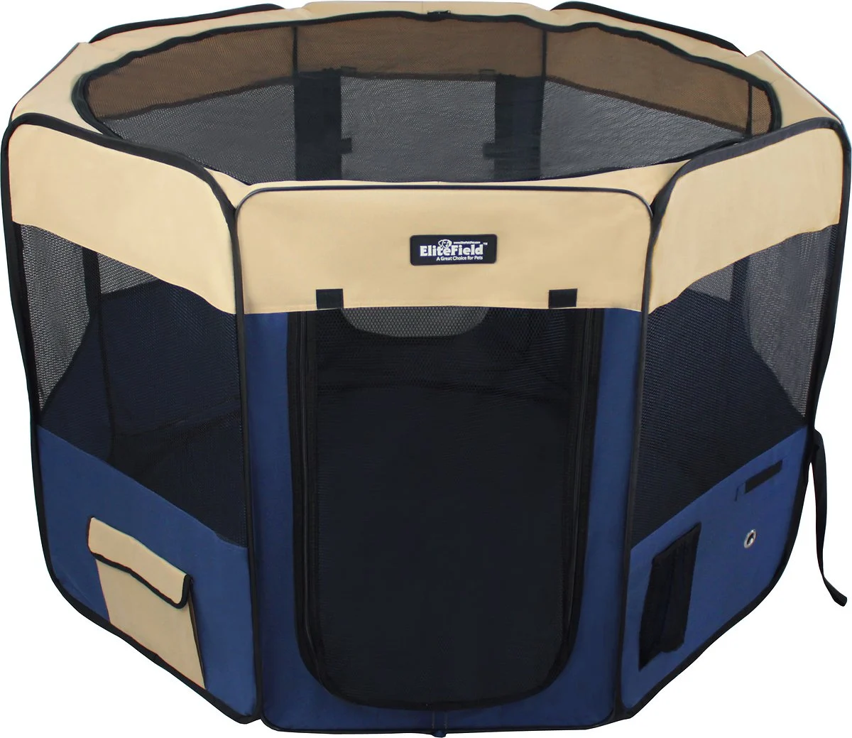 EliteField 2-Door Soft-Sided Dog & Cat Playpen, Beige & Navy Blue