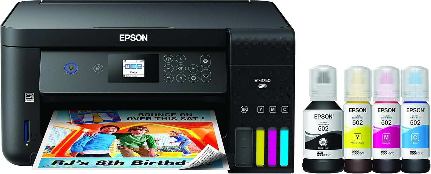 Epson EcoTank ET-2750 Wireless Color All-in-One Cartridge-Free Supertank Printer with Scanner, Copier and Ethernet, Regular