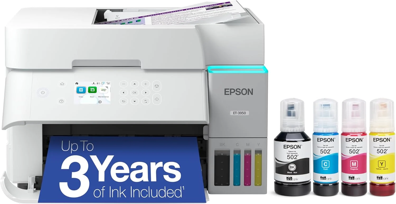 Epson EcoTank ET-3950 Wireless All-in-One Color Supertank Printer with up to 3 Years of Ink, Refillable Tanks, Perfect for Home Office, 18 PPM, 2.4″ Color Screen, Auto Document Feeder – White
