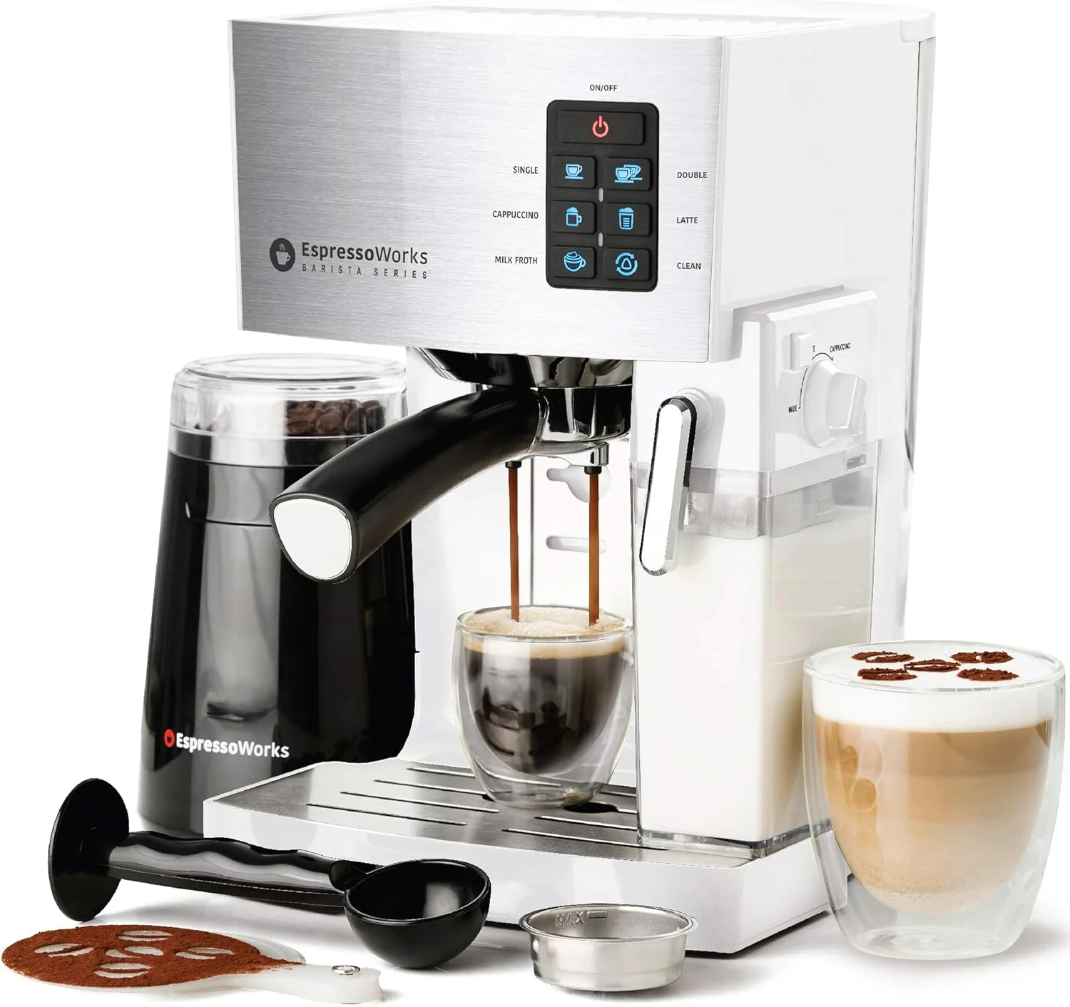 EspressoWorks 19-Bar Espresso, Latte and Cappuccino Maker 10-Piece Set – Brew Cappuccino and Latte with One Button – Espresso Machine with Milk Steamer 1250W – Coffee Gifts (White)
