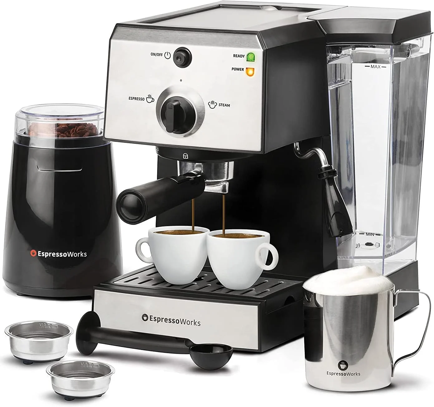 EspressoWorks All-In-One Espresso Machine with Milk Frother 7-Piece Set – Latte Maker Includes Grinder, Frothing Pitcher, Cups, Spoon and Tamper – Coffee Gifts (Stainless Steel)