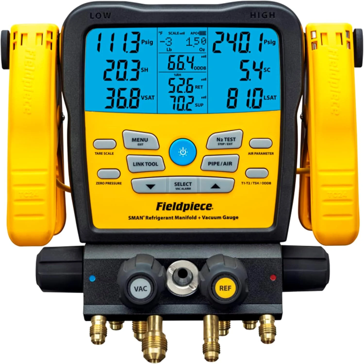 Fieldpiece SM482V Wireless 4-Port SMAN Refrigerant Manifold with Vacuum Gauge – Air Conditioning/Refrigerant Digital Gauges for HVAC & Refrigeration