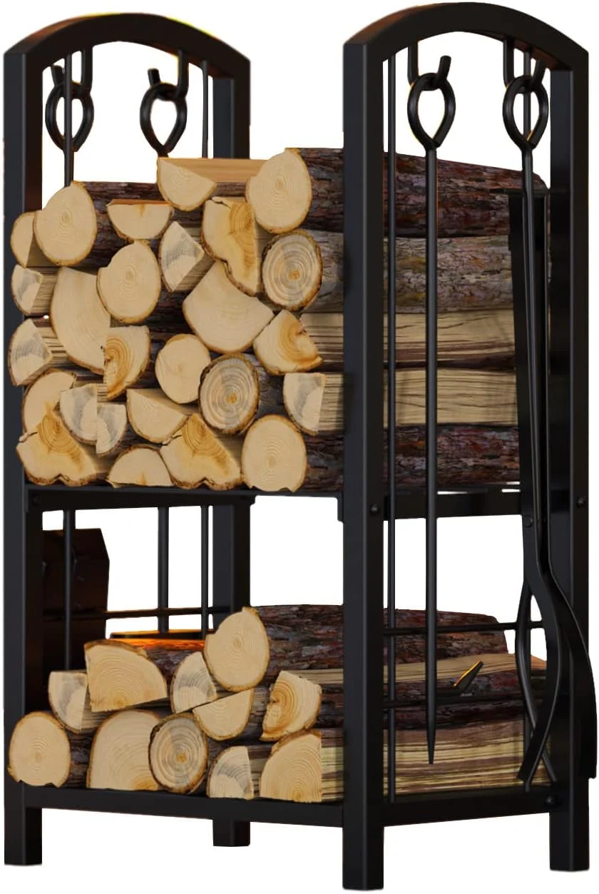 Fire Beauty Fireplace Firewood Log Rack 5-Piece Storage Logs Holder with Tools Set with 4 Tools Set Fireside Holders Wood Lumber Storage Stacking Black (12″D x 16″W x 29″H)