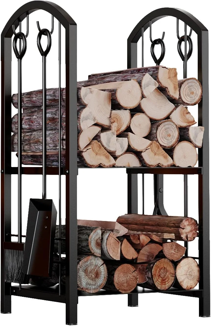 Fire Beauty Fireplace Firewood Log Rack 5-Piece Storage Logs Holder with Tools Set with 4 Tools Set Fireside Holders Wood Lumber Storage Stacking Black, 13″D x 15″W x 29″H