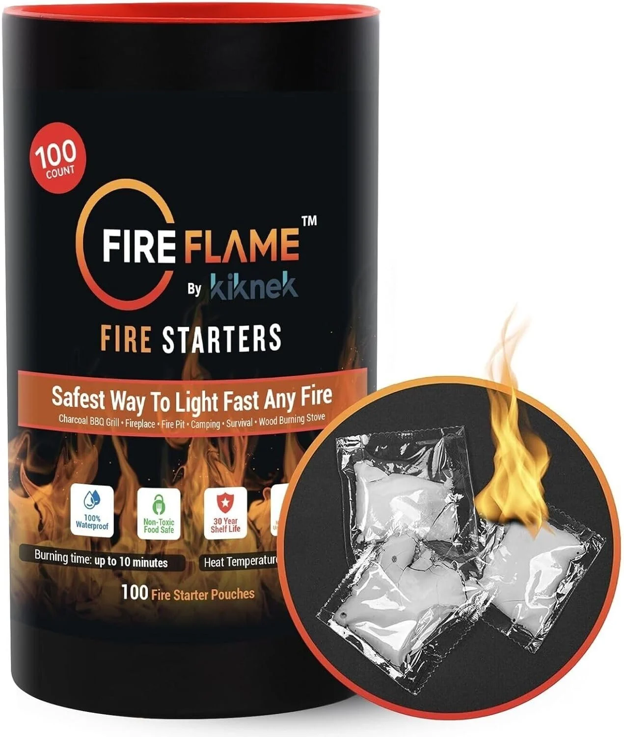Fireflame Quick Instant Fire Starter – 100% Waterproof All-Purpose Indoor & Outdoor Firestarter, for Charcoal Starter, Campfire, Fireplace, BBQ – Odorless and Non-Toxic – 100 Pouches in Canister