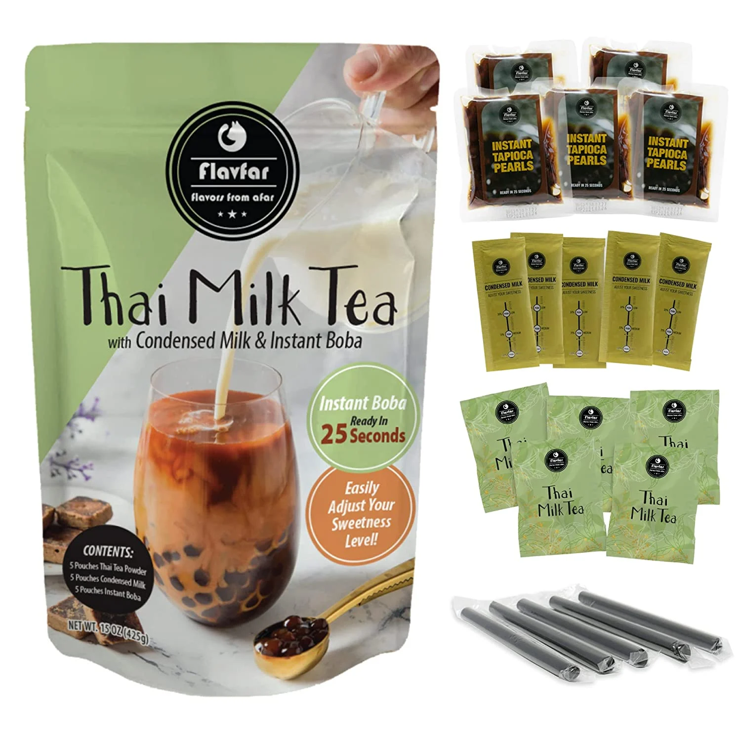 Flavfar Thai Milk Tea with Instant Tapioca Pearls – Authentic Thai Milk Bubble Tea Kit with Low Calorie, Brown Sugar Boba & Sweetened Condensed Milk – All Natural & Made in Taiwan – 5 Pack (Thai Milk Tea)