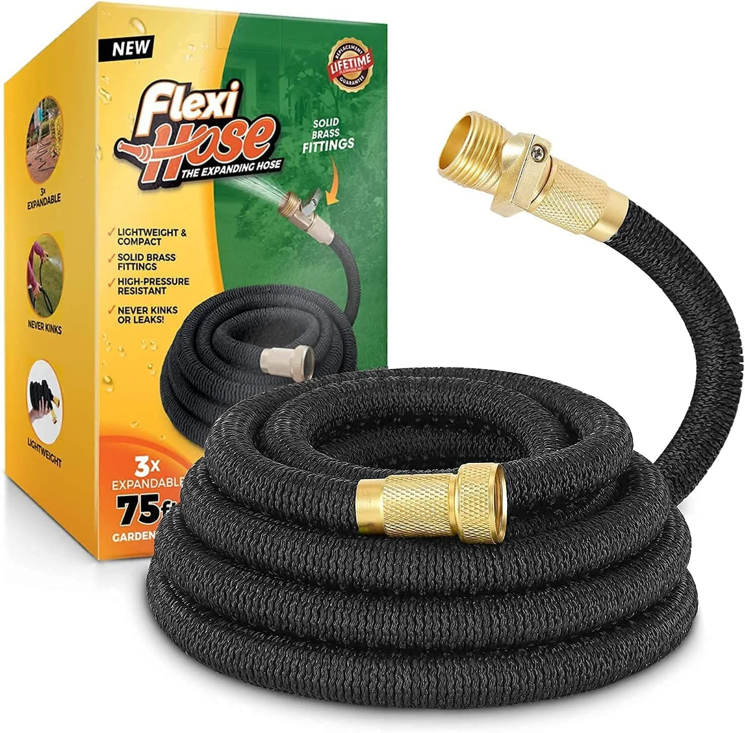 Flexi Hose Lightweight Expandable Garden Hose, No-Kink Flexibility, 3/4 Inch Solid Brass Fittings and Double Latex Core (75 FT)