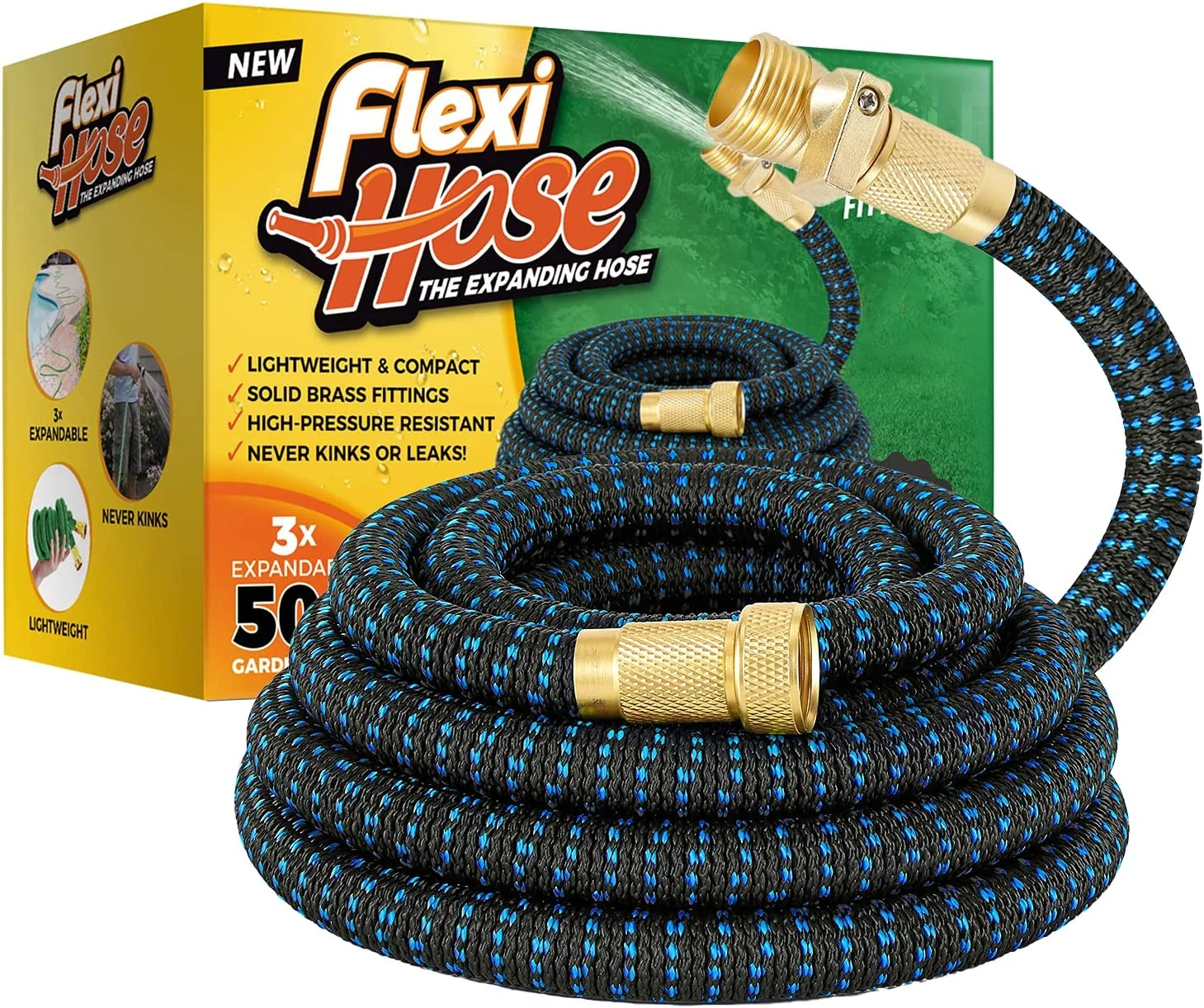 Flexi Hose Upgraded Expandable Garden Hose Extra Strength 3/4 Solid Brass Fittings – The Ultimate No-Kink Flexible Water Hose (Blue & Black, 50 FT)