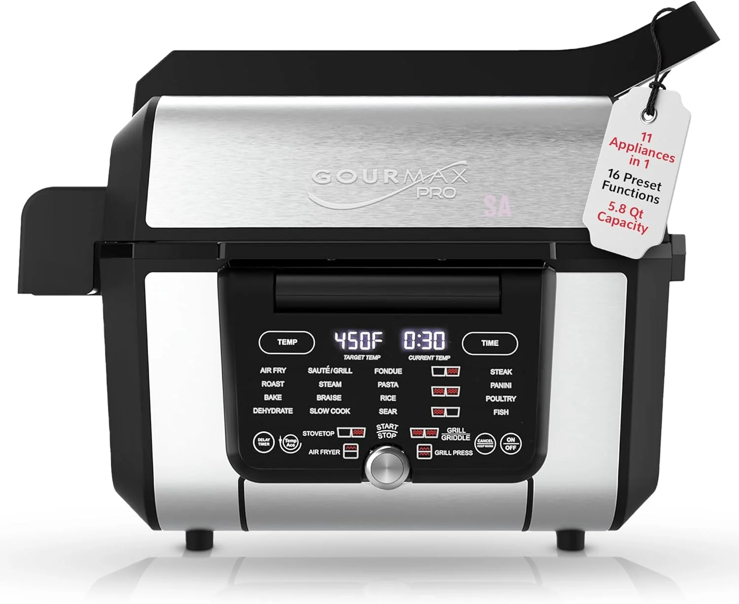 Foodgenie Gourmax Pro One Cooking Device – All-in-One Oven, Smokeless Grill, Air Fryer, Griddle, Cooker & More – 16 Preset Functions, Smart Temperature Control, Dual Surface, Dishwasher Safe, 1500W