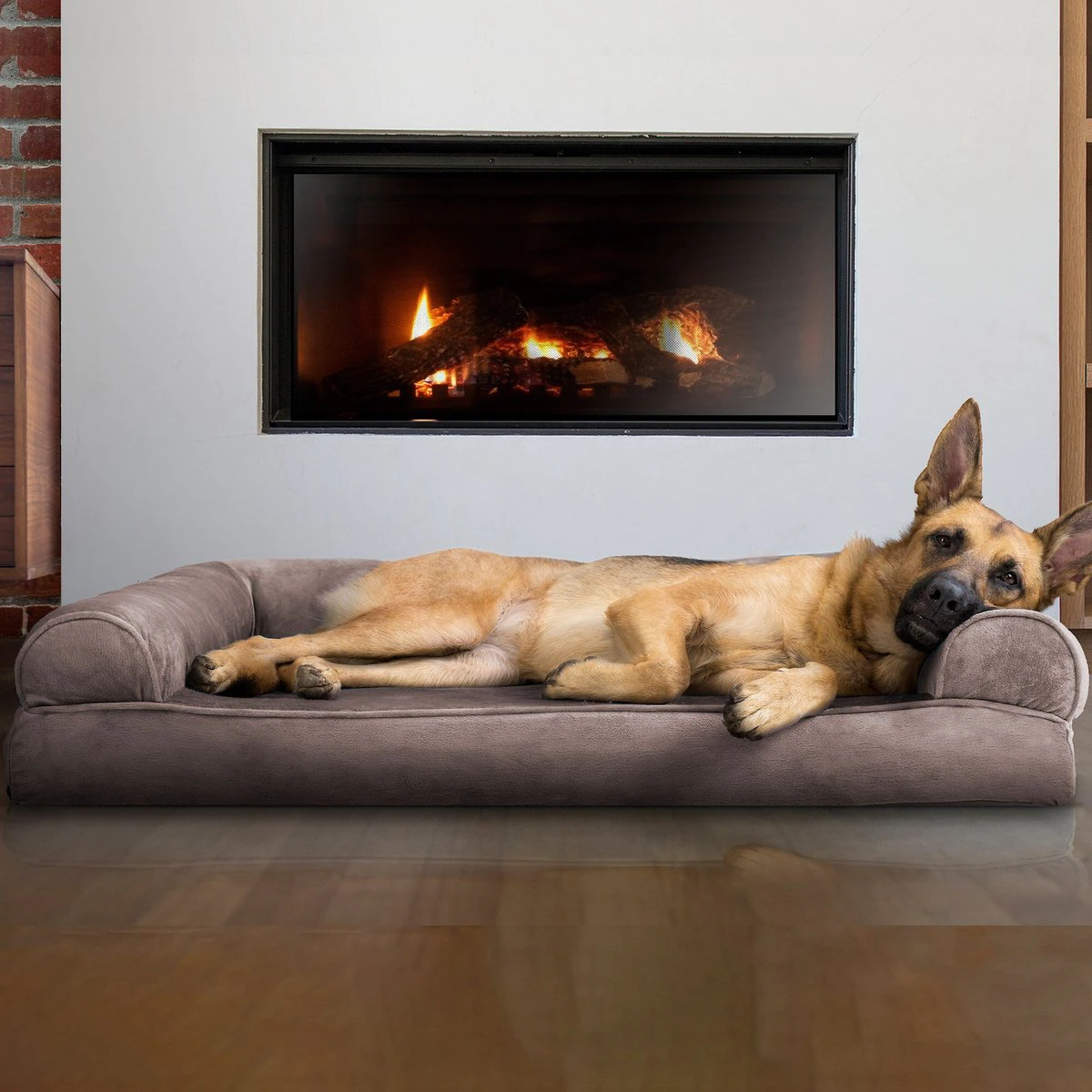 FurHaven Faux Fur Memory Top Bolster Dog Bed w/Removable Cover – Driftwood Brown, Jumbo (X-Large)