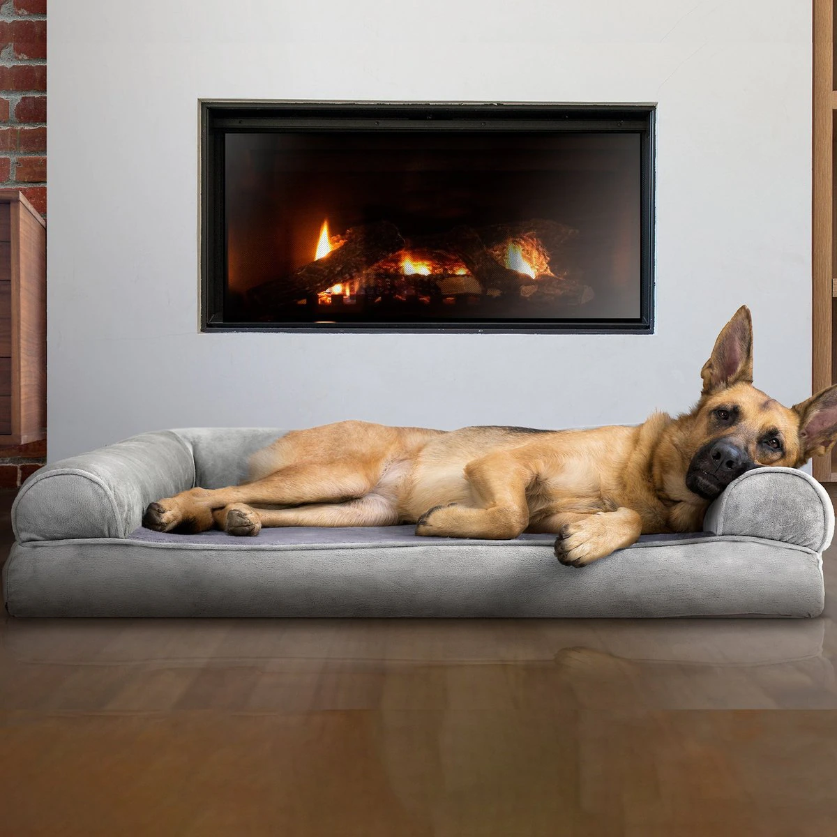 FurHaven Faux Fur Memory Top Bolster Dog Bed w/Removable Cover – Smoke Gray, Jumbo (X-Large)