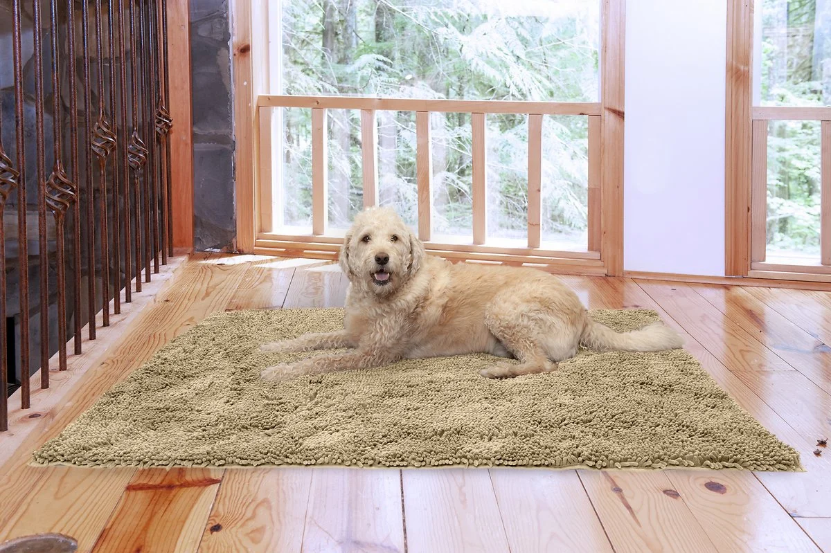 FurHaven Muddy Paws Towel & Shammy Dog Mat – Muddy Paws Absorbent Chenille Shammy Bath Towel and Food Mat Rug, Sand (Tan), Jumbo Plus