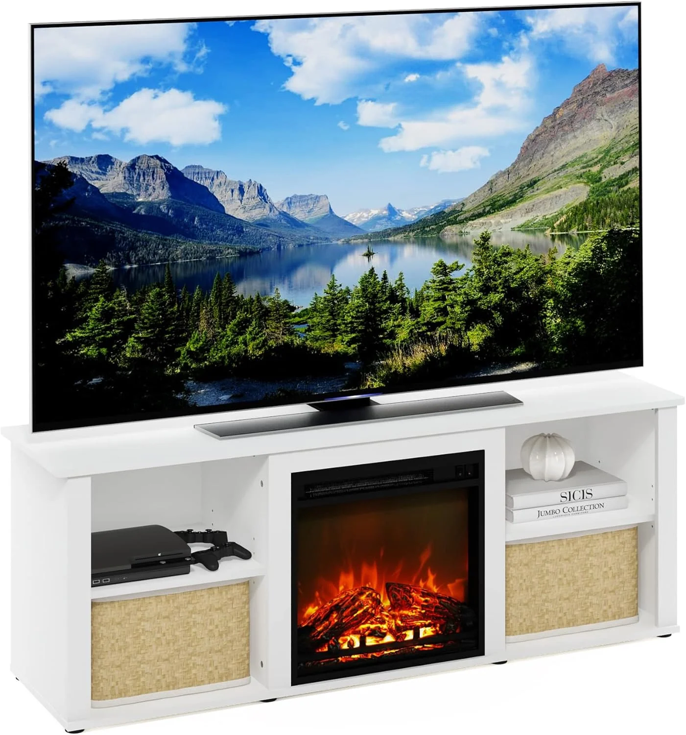 Furinno Classic 60 Inch TV Stand with Fireplace, Solid White