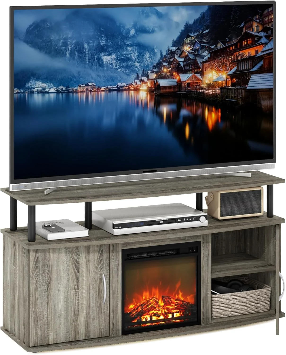 Furinno Jensen Living Room Fireplace Entertainment Center with Doors Storage Cabinet for TV up to 55 Inch, French Oak Grey/Black
