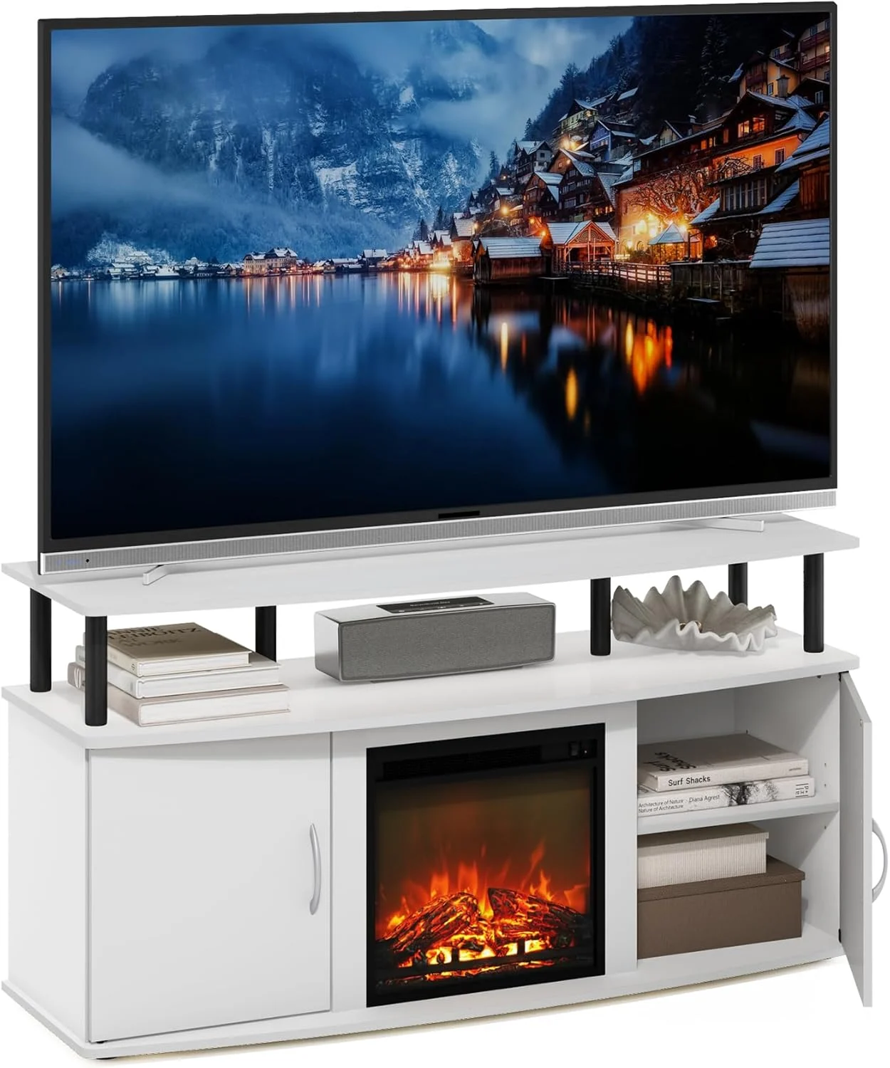 Furinno Jensen Living Room Fireplace Entertainment Center with Doors Storage Cabinet for TV up to 55 Inch, Solid White/Black