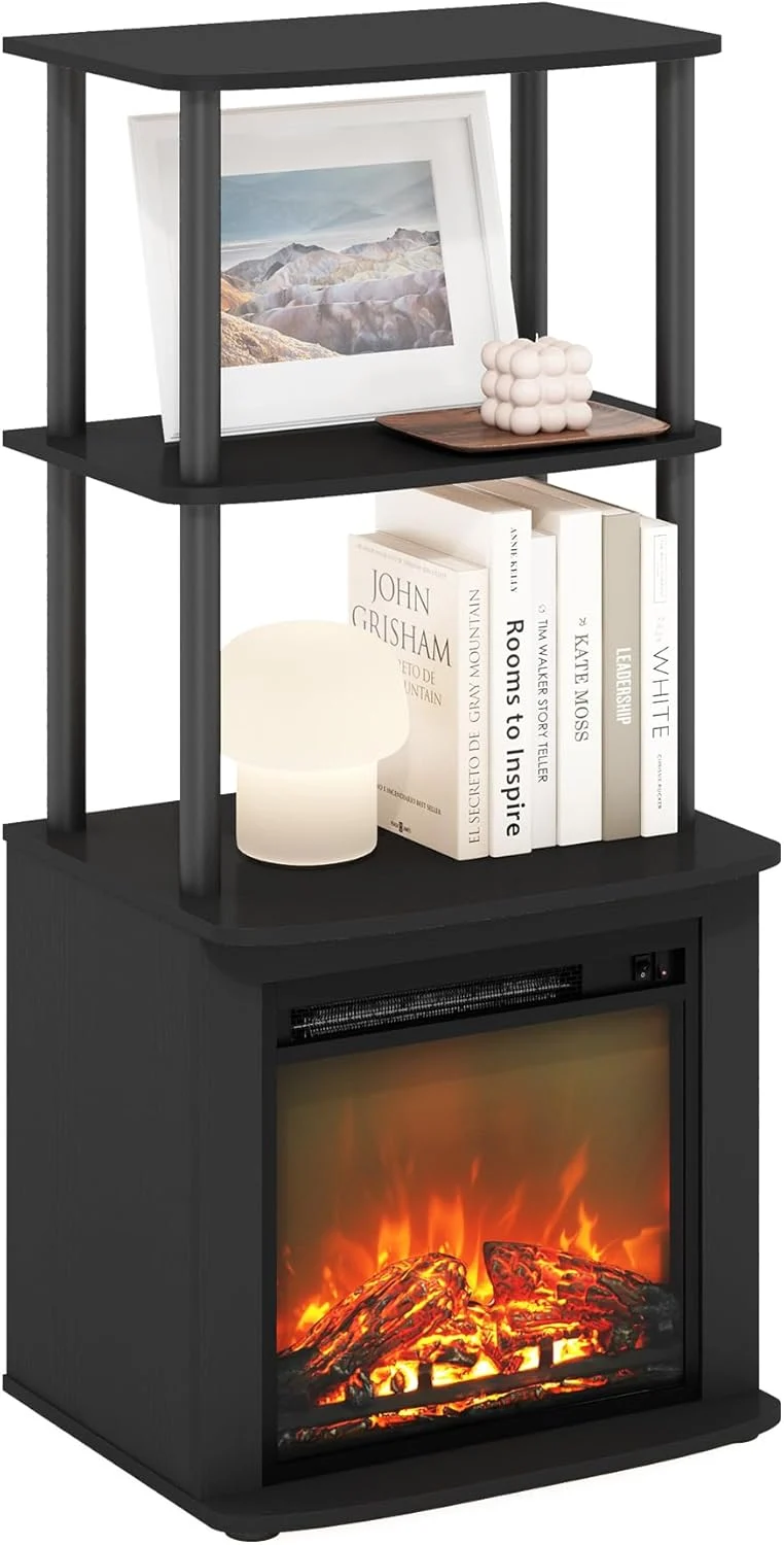 Furinno Turn-N-Tube 2-Tier Tall TV Entertainment Side Table Display Rack with Fireplace Insert, Americano/Black