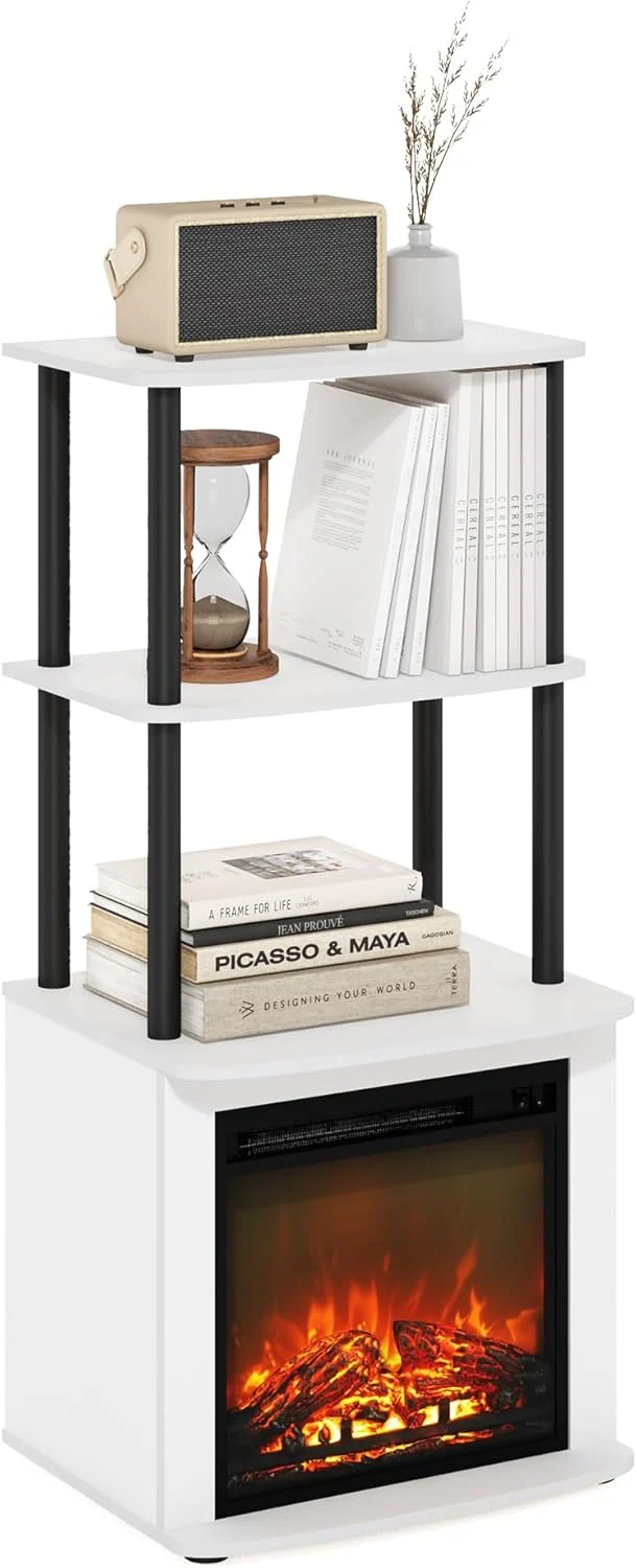 Furinno Turn-N-Tube 2-Tier Tall TV Entertainment Side Table Display Rack with Fireplace Insert, Solid White/Black