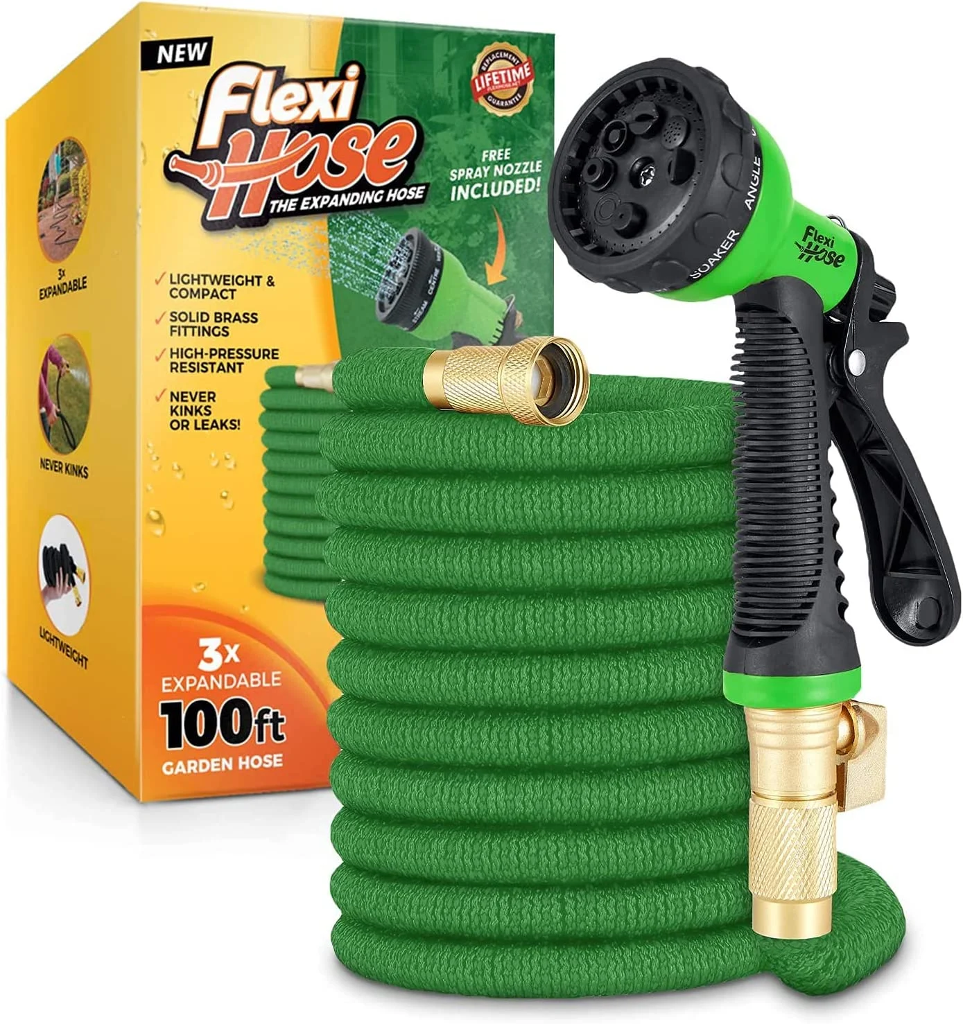 GREEN MONSTAH – Flexi Hose with 8 Function Nozzle Expandable Garden Hose, Lightweight & No-Kink Flexible Garden Hose, 3/4 inch Solid Brass Fittings and Double Latex Core, 100 ft Green