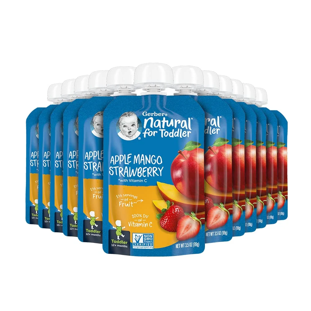 Gerber Purees Apple Mango Strawberry Toddler Pouch, Apple Mango Strawberry,  Baby Food (Pack of 12)