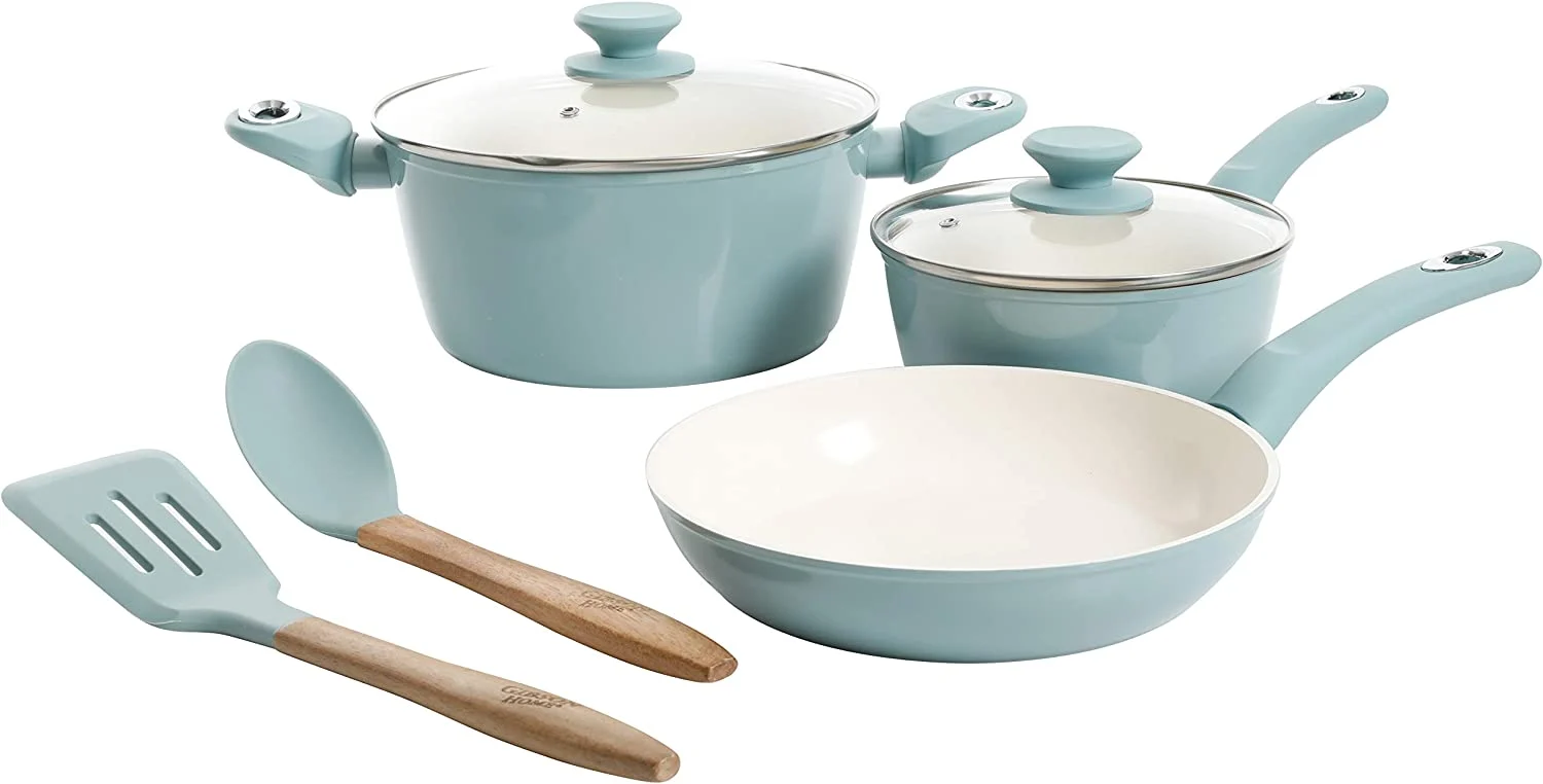 Gibson Home Plaza Café Forged Aluminum Healthy Ceramic Cookware, 7-Piece Set, Sky Blue