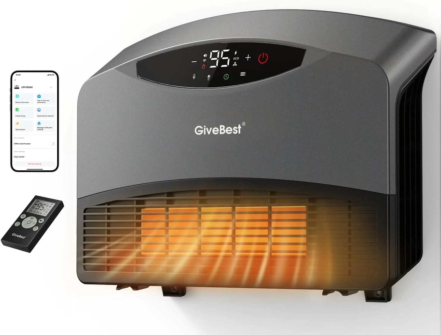 GiveBest Smart Wall Heater with WiFi and Remote Control, 1500W, Floor or Wall Mounted, 3 Heating Modes, Electric Heater with Thermostat for Living Room, Garage, Grey