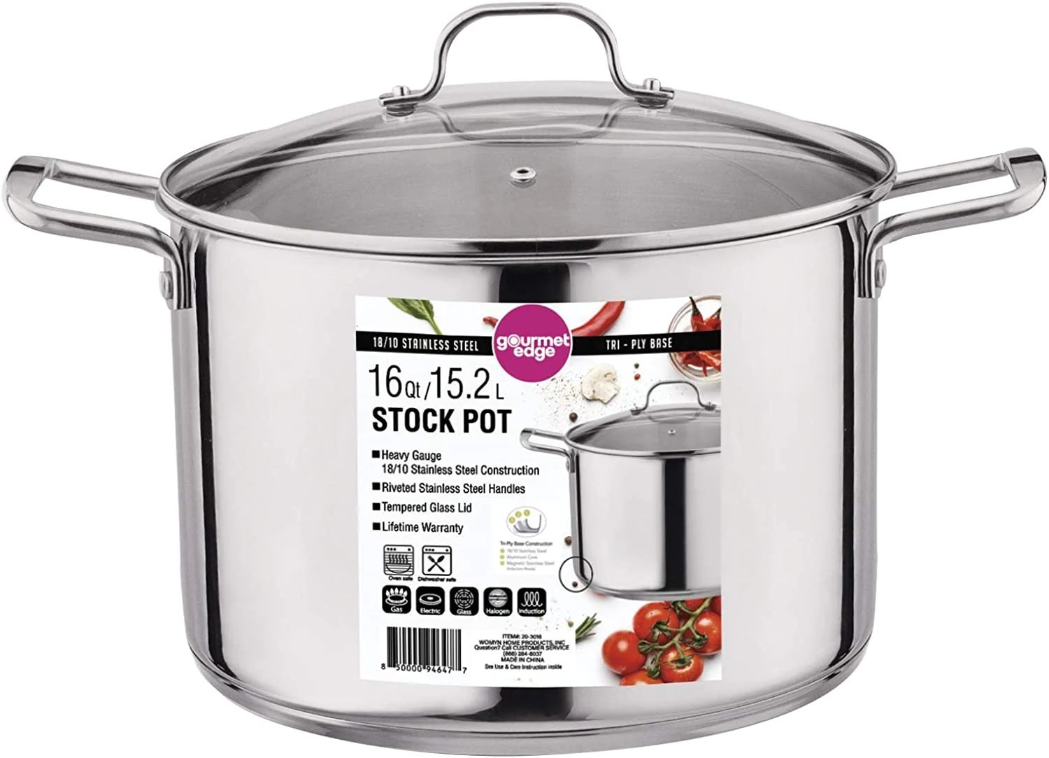 Gourmet Edge 16-Quart Stock Pot – Stainless Steel Soup Pots with Lid as Dishwasher and Oven Safe Cookware, Silver