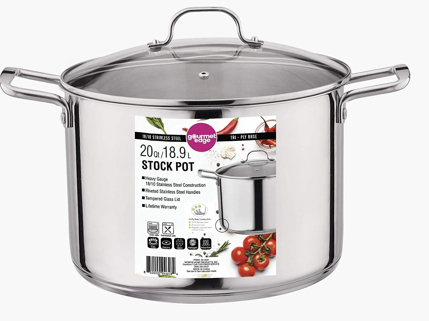 Gourmet Edge 20-Quart Stock Pot – Stainless Steel Soup Pots with Lid as Dishwasher and Oven Safe Cookware, Silver