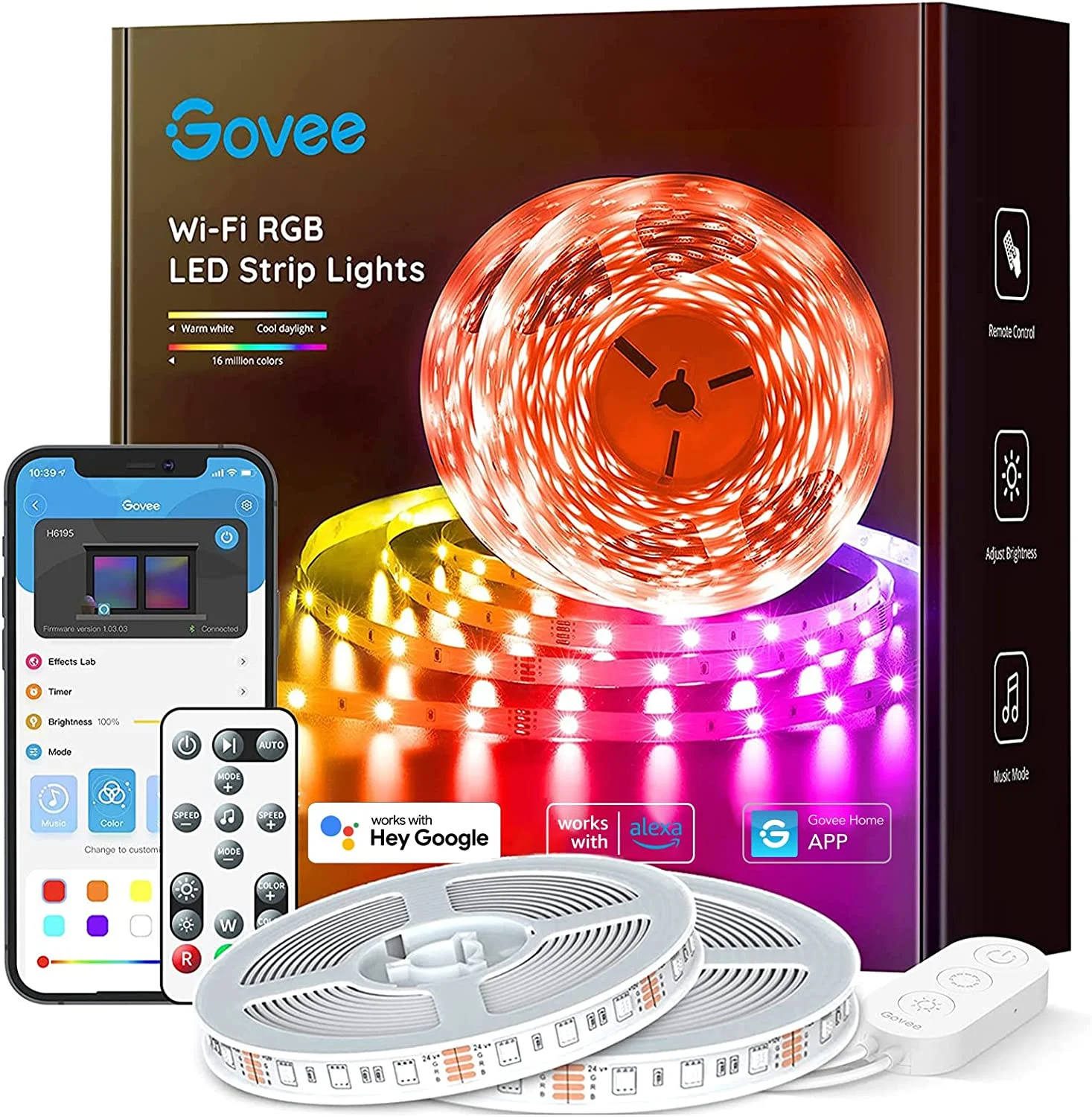 Govee 65.6ft Alexa LED Strip Lights, Smart WiFi RGB Rope Light Works with Alexa Google Assistant, Remote App Control Lighting Kit, Music Sync Color Changing Lights for Bedroom, Living Room, Kitchen
