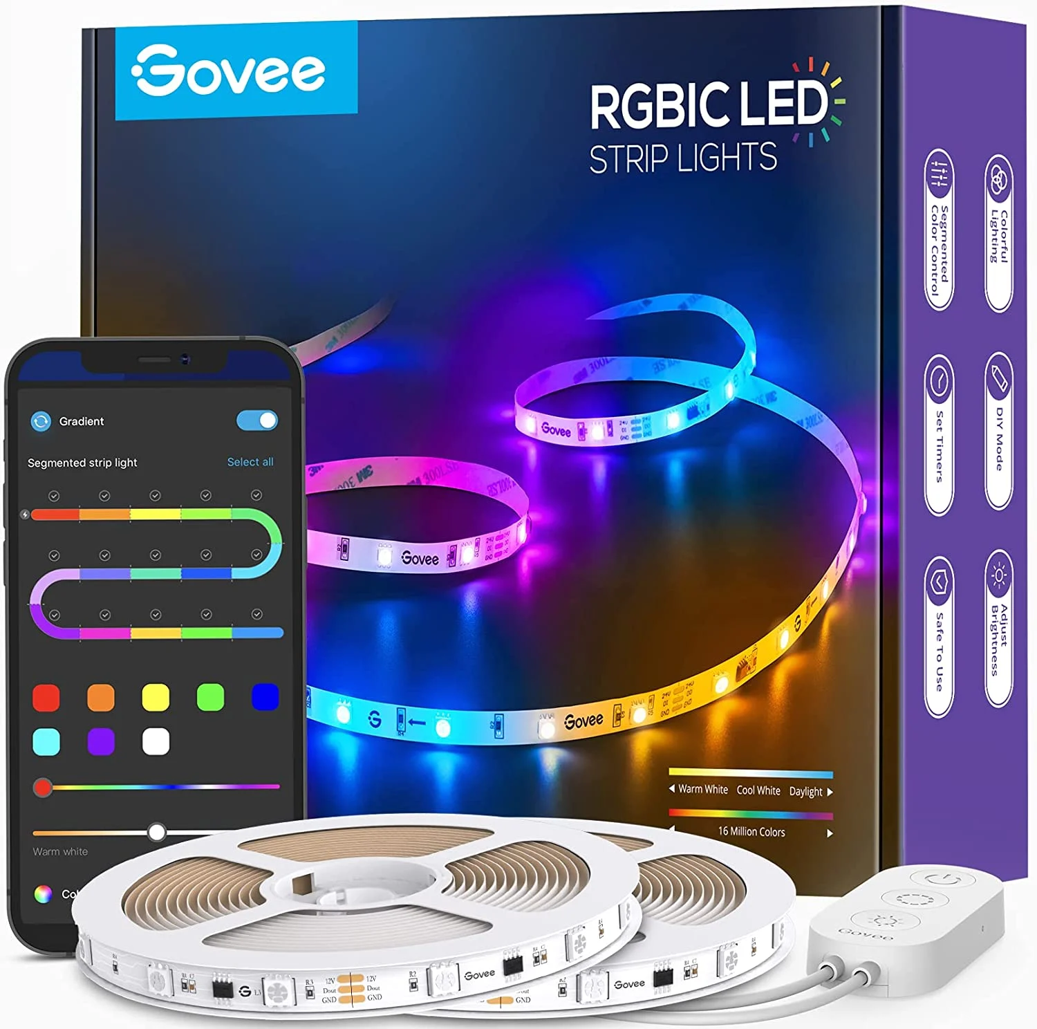 Govee 65.6ft RGBIC LED Strip Lights, Color Changing LED Strips, App Control via Bluetooth, Smart Segmented Control (2 X 32.8ft)