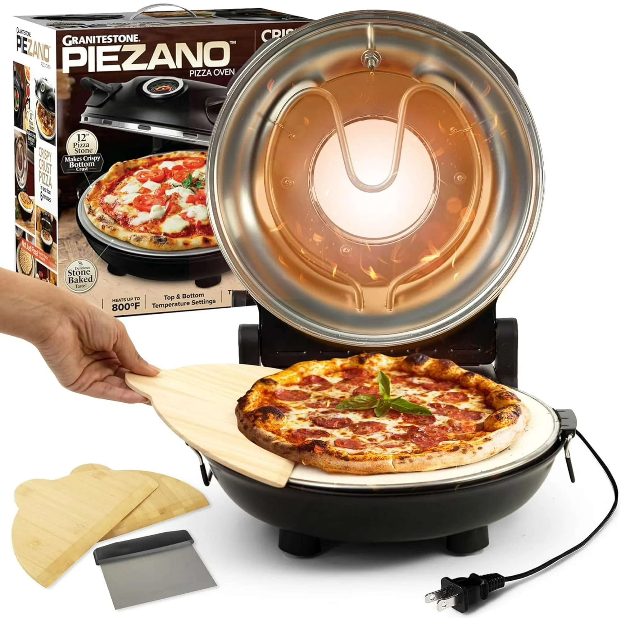 Granitestone Piezano Crispy Crust Pizza Oven – 12 Inch Electric Pizza Oven Indoor Countertop Maker with Ceramic Stone Heats up to 800˚F for Stone Baked Pizzeria Style at Home As Seen on TV Product